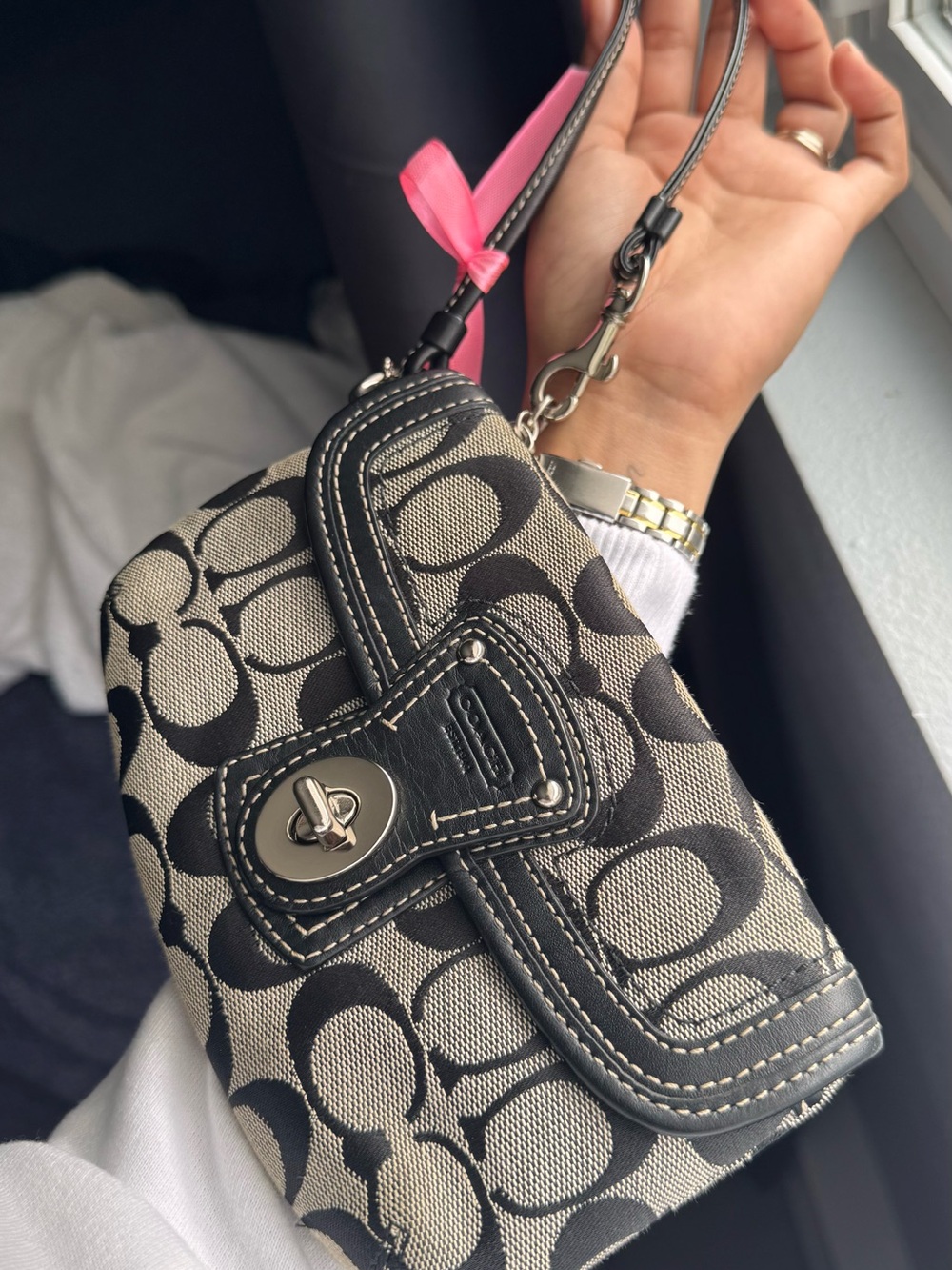 Coach Black and Cream Signature Wristlet with Turn-Lock